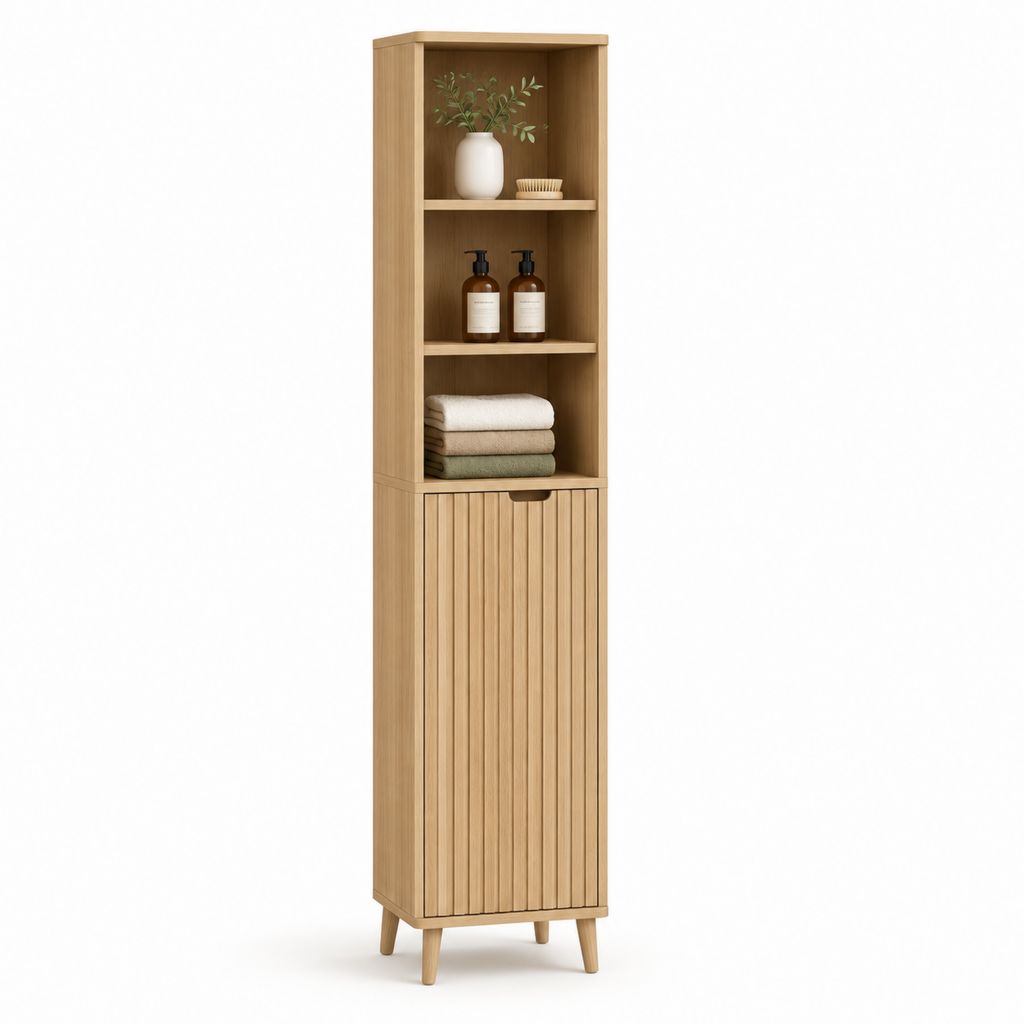 Colonna bagno a 1 anta in MDF effetto rovere con ripiani aperti 40 x 35 x 180 cm
