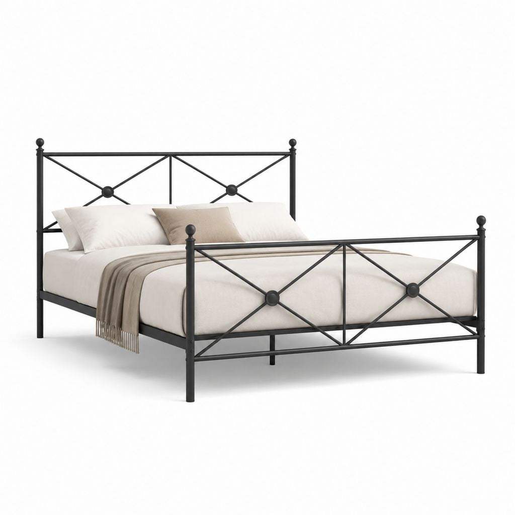 Struttura letto matrimoniale nera in acciaio con testiera e pediera geometriche 160 x 200 cm