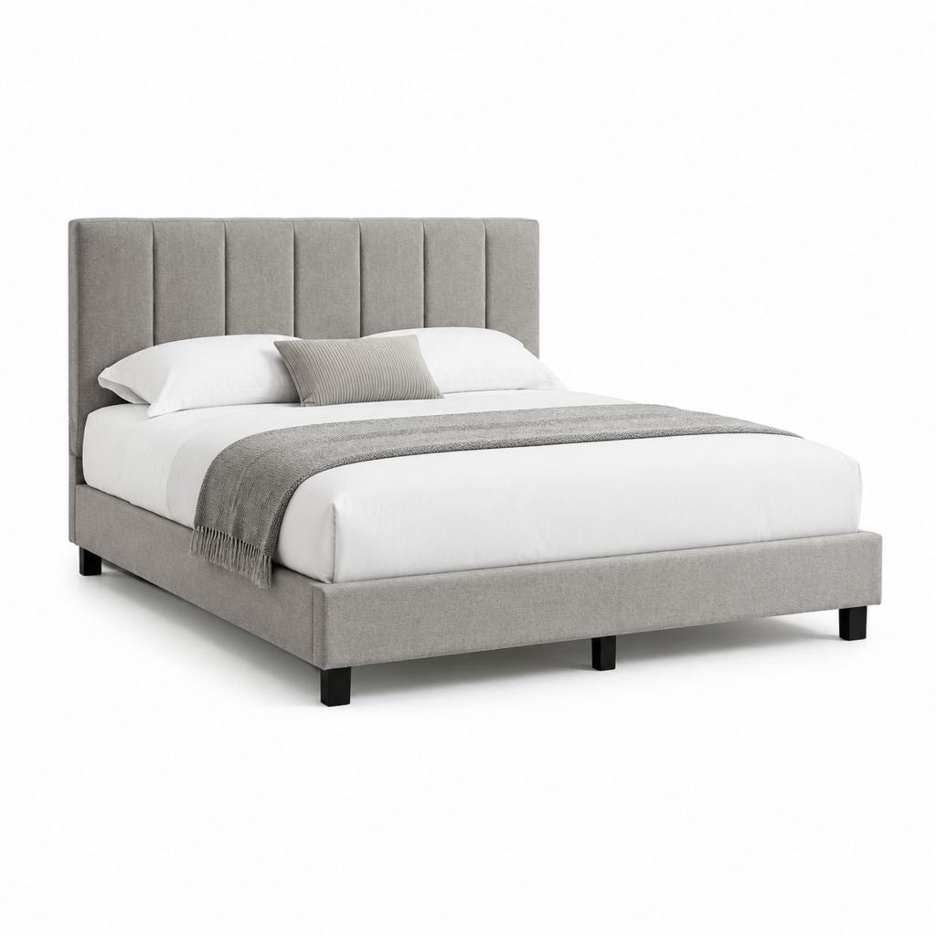 Letto matrimoniale imbottito grigio in poliestere con testiera rettangolare 160 x 200 cm