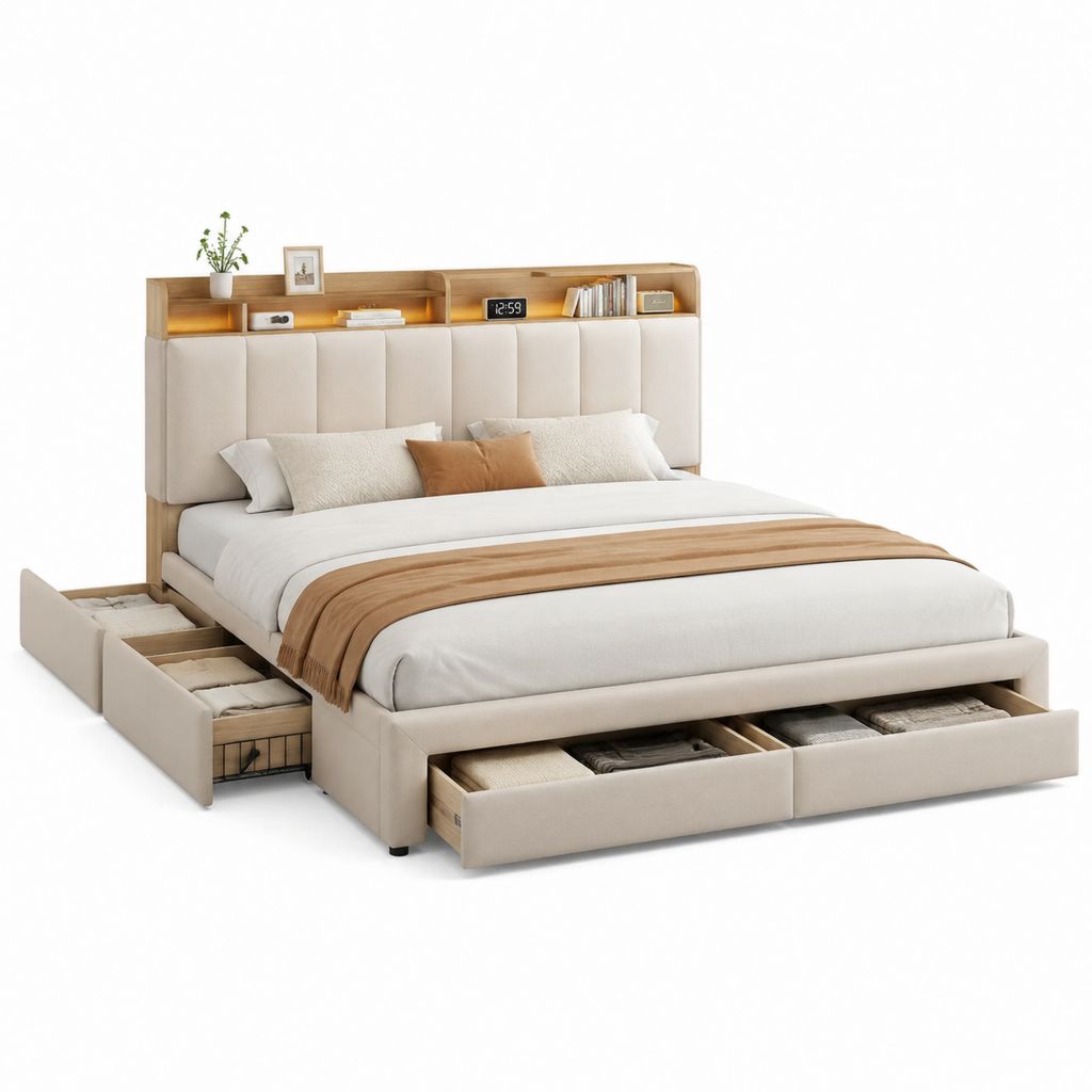 Letto contenitore matrimoniale rettangolare con cassetti e ripiani testiera beige e rovere in poliestere e pannelli di particelle 180 x 200 cm