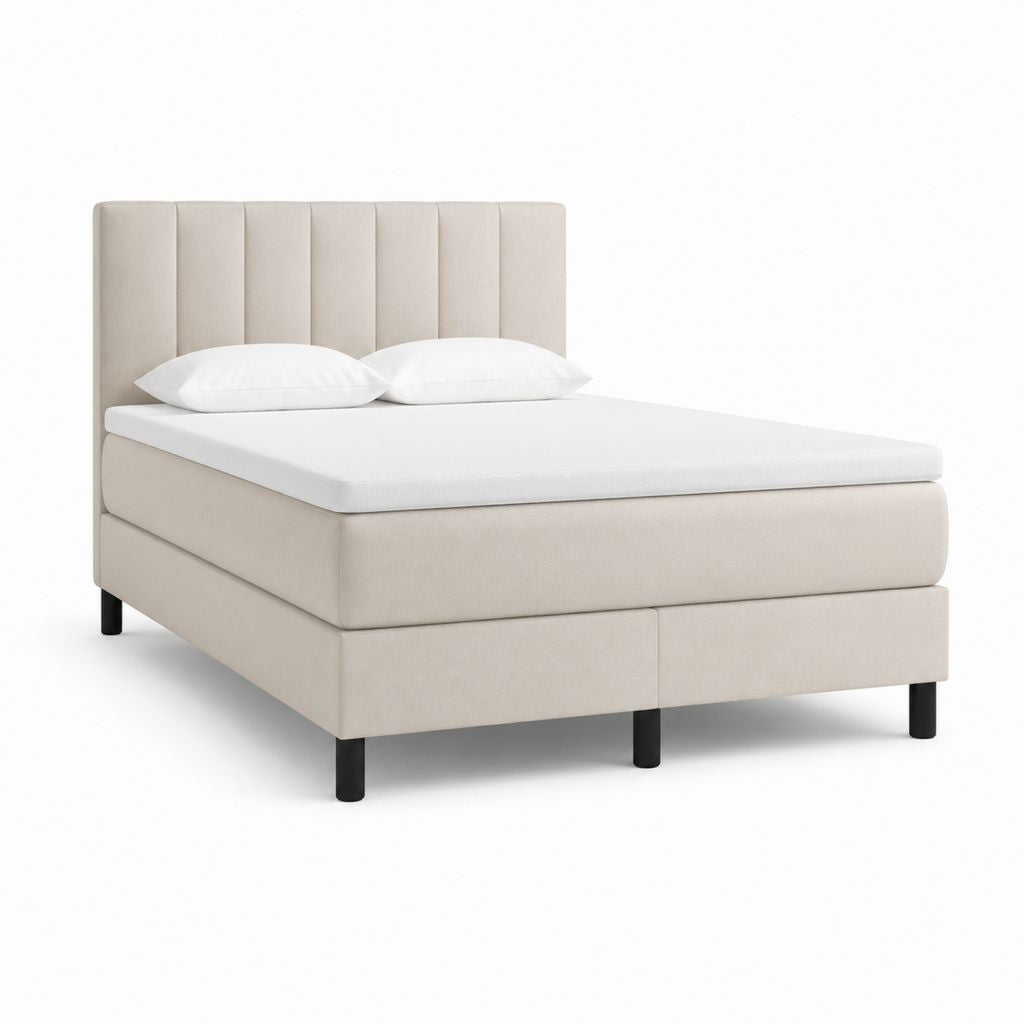 Letto imbottito beige con testiera a pannelli in poliestere 160 x 200 cm