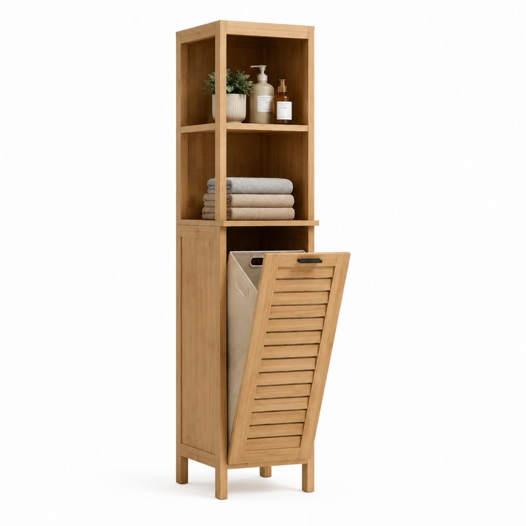 Colonna bagno con portabiancheria in bambù naturale rettangolare 40 x 35 x 170 cm
