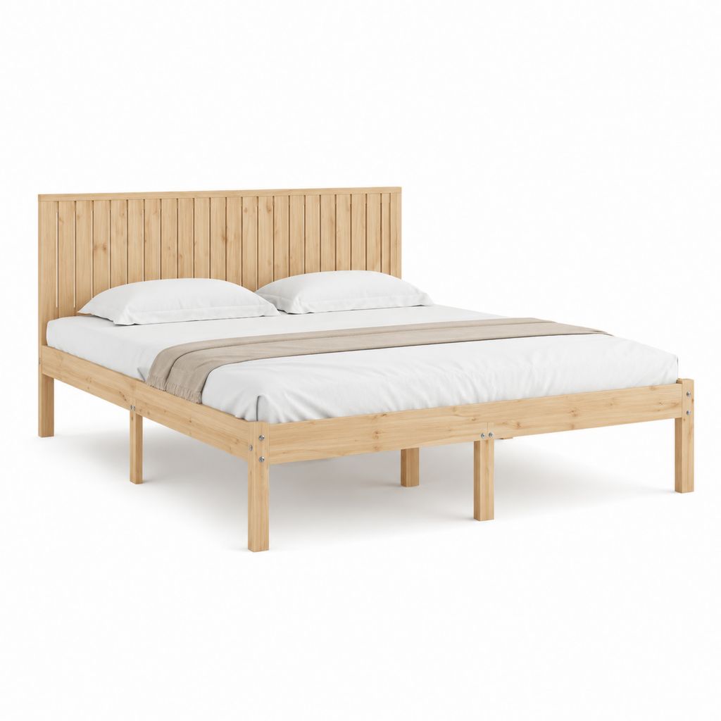 Letto matrimoniale in legno di pino massello naturale 160 x 200 cm con testiera a doghe