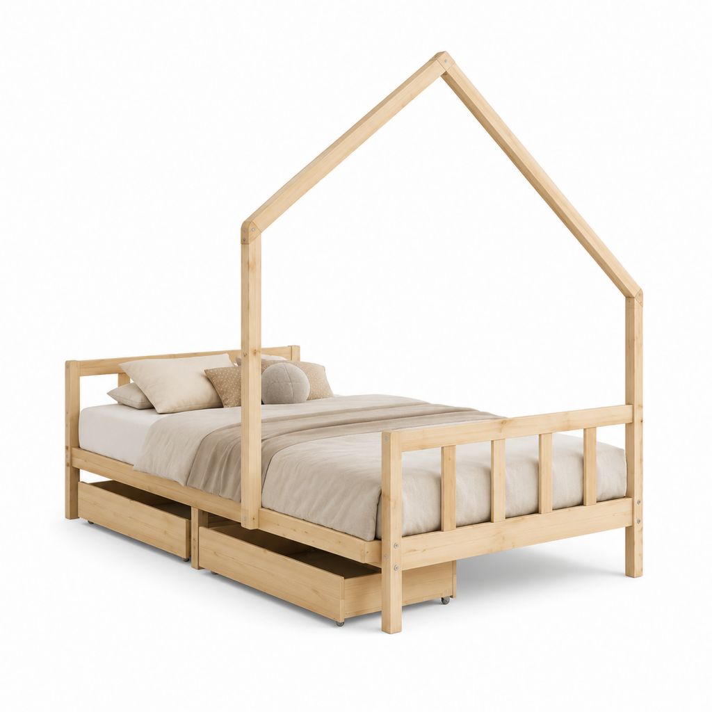 Letto a casetta singolo con 2 cassetti naturale in pino massello 90 x 200 cm