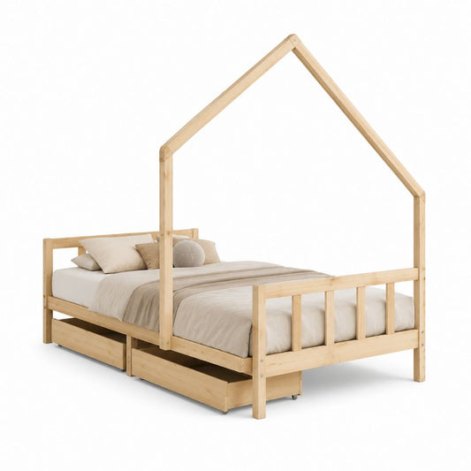 Letto a casetta singolo con 2 cassetti naturale in pino massello 90 x 200 cm