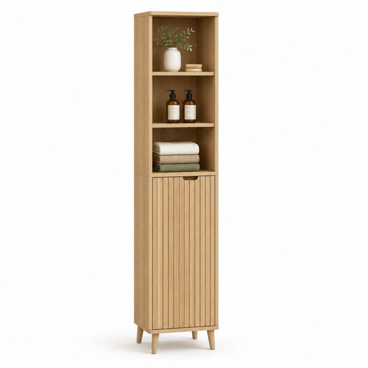 Colonna bagno a 1 anta in MDF effetto rovere con ripiani aperti 40 x 35 x 180 cm
