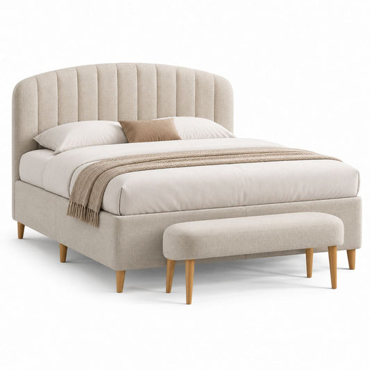 Letto matrimoniale imbottito beige in poliestere con panca 160 x 200 cm