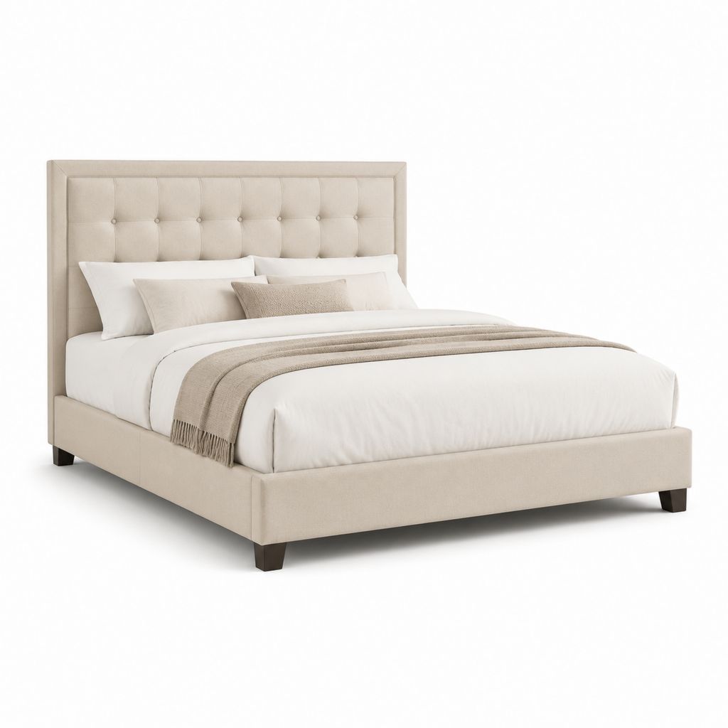 Letto matrimoniale imbottito beige in poliestere con testiera capitonné 160 x 200 cm