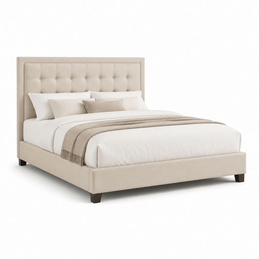 Letto matrimoniale imbottito beige in poliestere con testiera capitonné 160 x 200 cm
