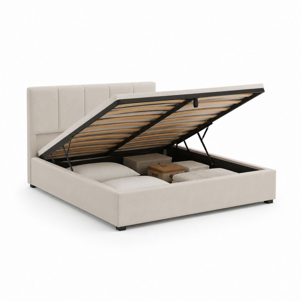Letto contenitore matrimoniale beige in poliestere rettangolare con rete a doghe 160 x 200 cm