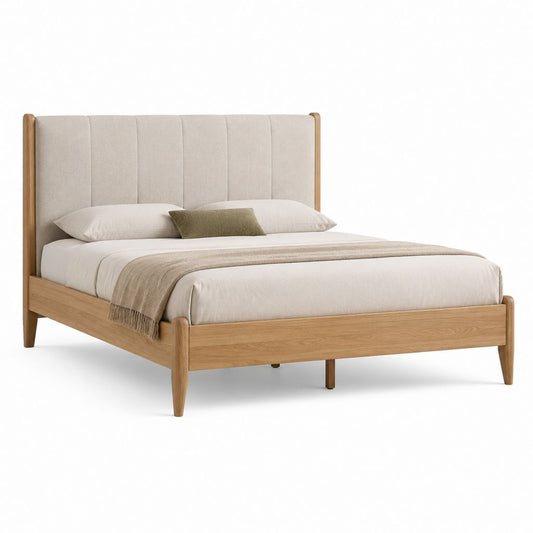 Letto matrimoniale con testiera imbottita beige in legno massello di rovere 160 x 200 cm