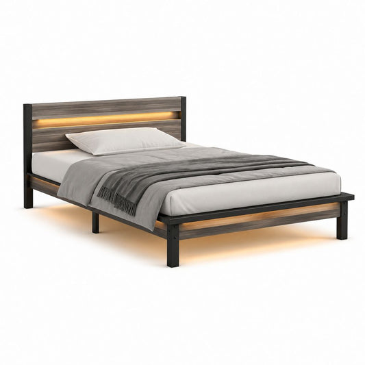 Letto matrimoniale con LED grigio e nero in MDF e acciaio 160 x 200 cm