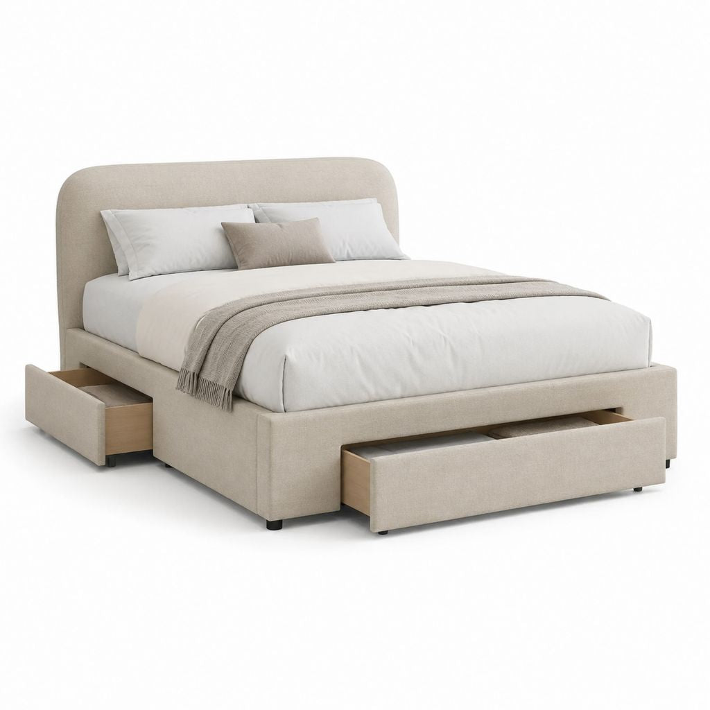 Letto matrimoniale contenitore beige in poliestere con 3 cassetti 160 x 200 cm