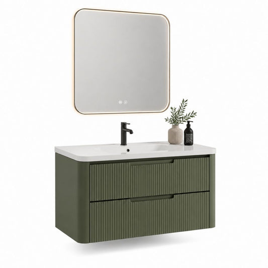 Set mobile bagno sospeso con lavabo e specchio LED verde oliva in MDF e ceramica 80 x 46 x 50 cm