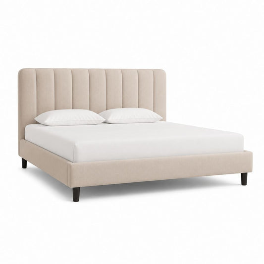 Letto matrimoniale imbottito beige in poliestere con testiera rettangolare 160 x 200 cm