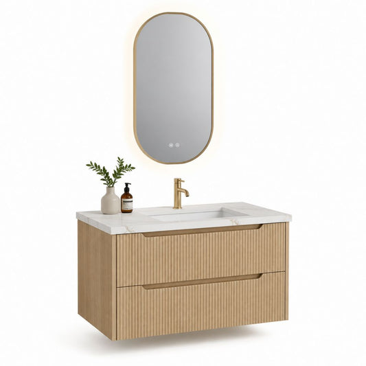 Mobile bagno sospeso con lavabo e specchio LED rovere chiaro MDF 80 x 46 x 55 cm