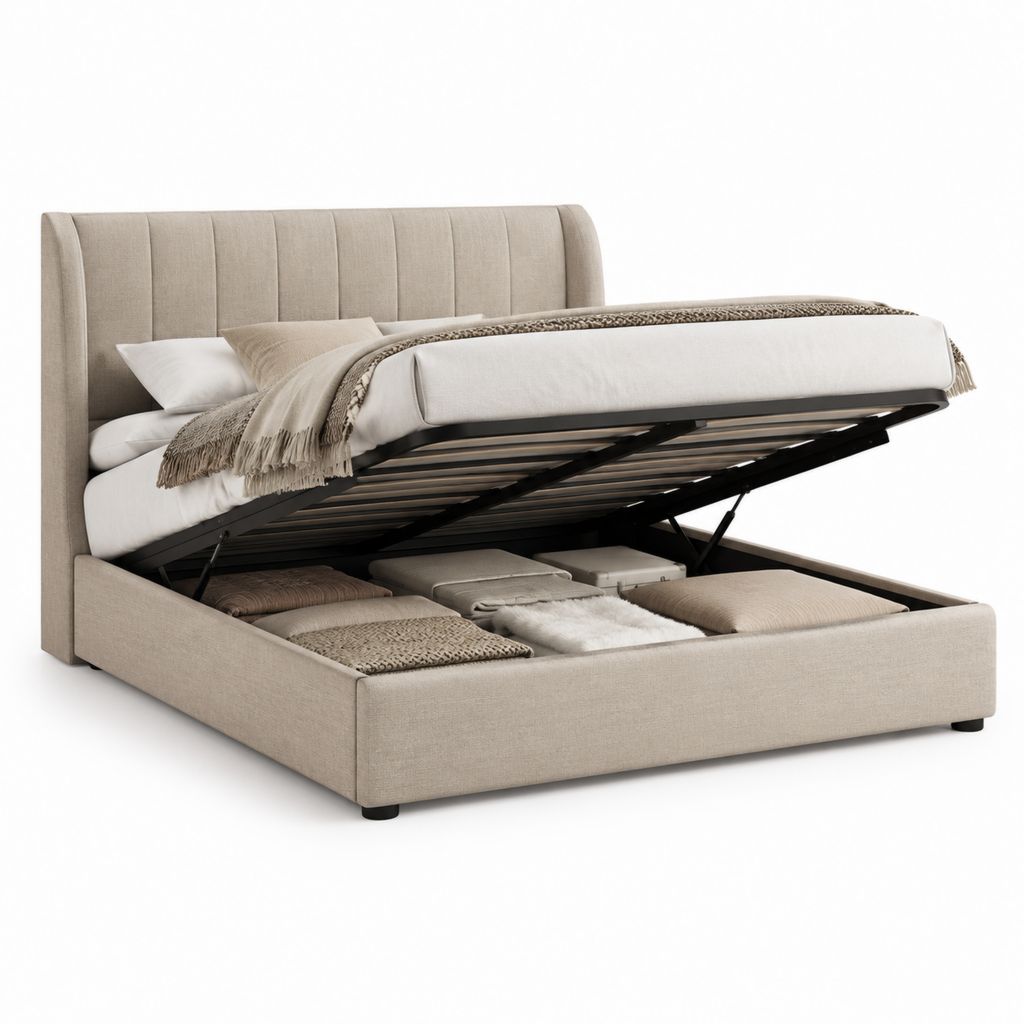 Letto contenitore matrimoniale beige in poliestere rettangolare 160 x 200 cm