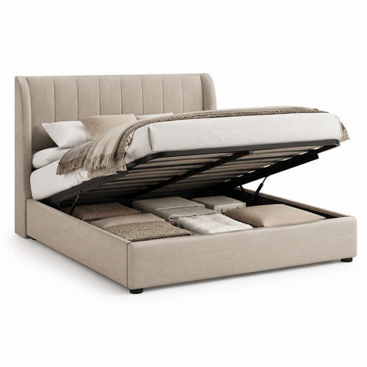 Letto contenitore matrimoniale beige in poliestere rettangolare 160 x 200 cm