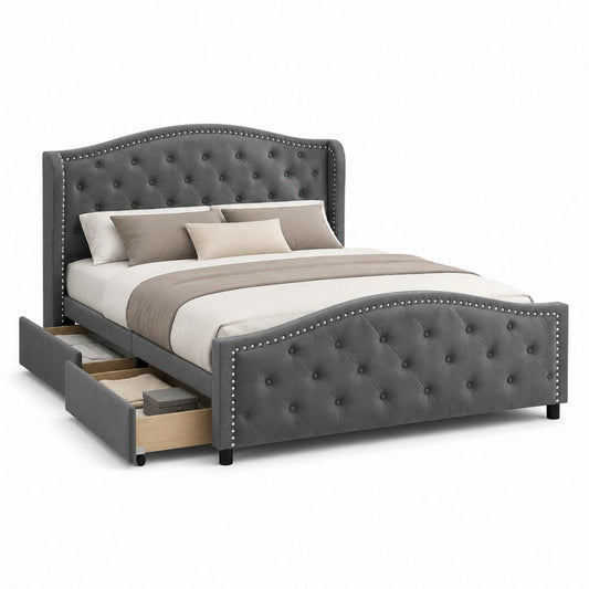 Letto matrimoniale con cassetti grigio in poliestere capitonné 178 x 222 x 122 cm