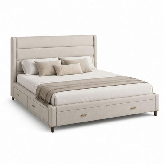 Letto matrimoniale contenitore beige in poliestere con 4 cassetti 160 x 200 cm