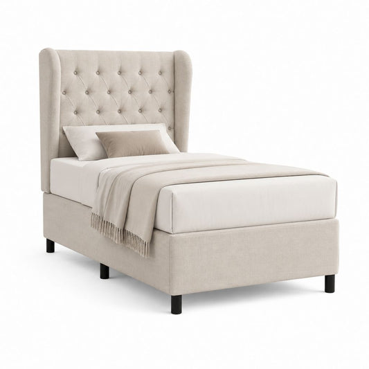 Letto singolo imbottito beige in poliestere con testiera capitonné 90 x 200 cm