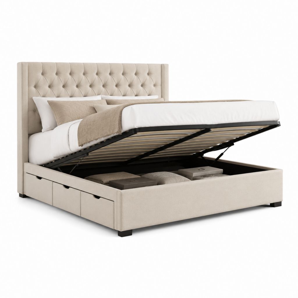 Letto contenitore matrimoniale 160x200 cm beige in poliestere con testiera capitonné