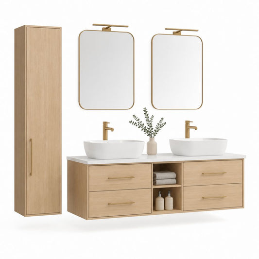 Set mobile bagno sospeso doppio lavabo rovere naturale MDF melaminico rettangolare 180 x 46 x 55 cm