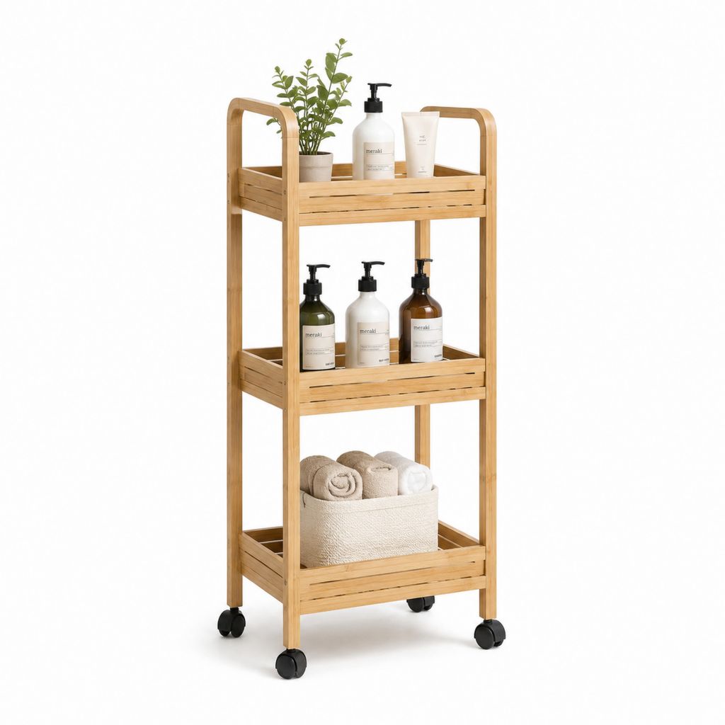 Carrello bagno in bambù naturale con 3 ripiani e ruote 50 x 30 x 85 cm
